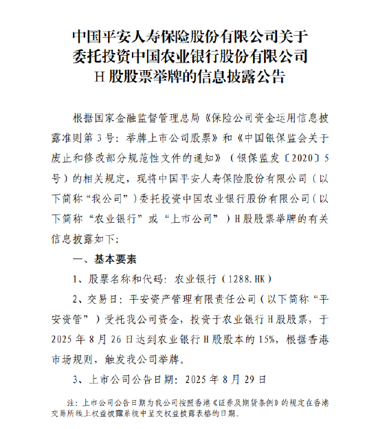配资炒股入配资平台 平安人寿半年内三次举牌农业银行H股